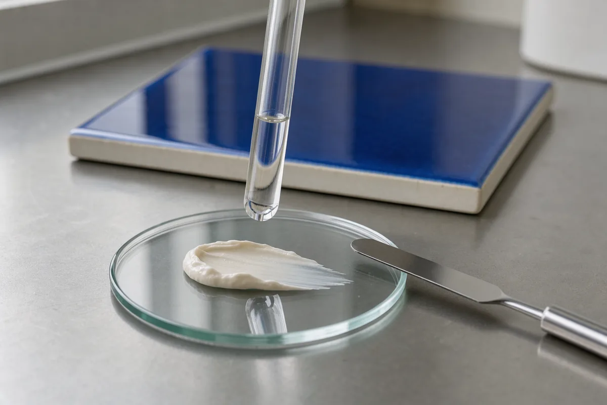 A laboratory pH electrode above a shallow glass dish of pale cream beside a blue ceramic tile