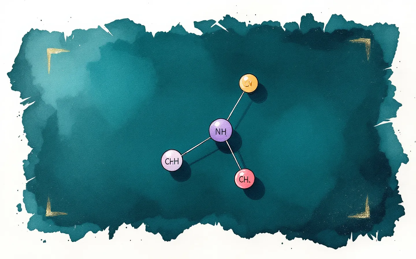 Loose hand-inked sketchbook study of a copper coordination node bonded to a three-bead tripeptide chain with a coral active-site wash, framed by a hand-drawn sprig on a dark teal studio ground