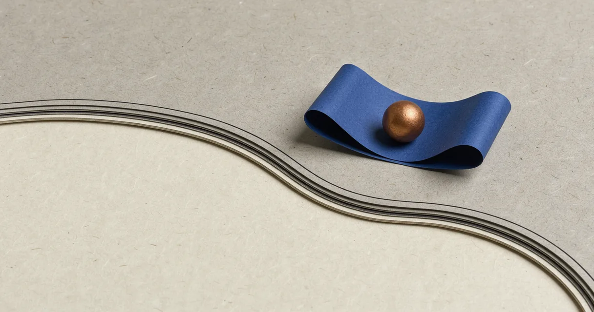 A cut-paper illustration of a cobalt ribbon holding a copper sphere outside a pale nerve-cell boundary