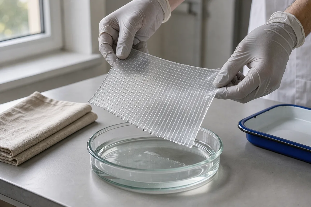 Gloved hands lifting a translucent hydrogel sheet with a fine mesh texture above a shallow dish